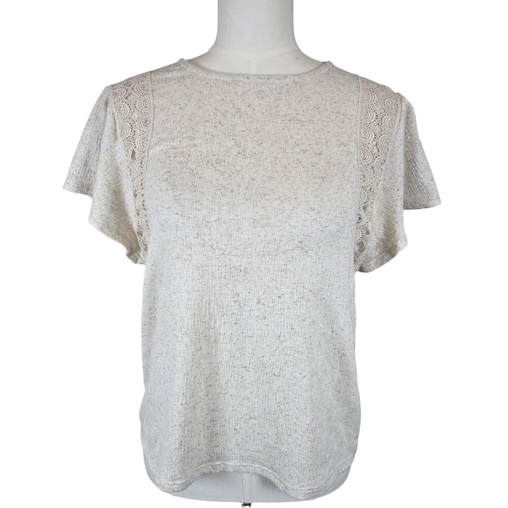 Fred David Cream Crepe Blouse w/Ruffle‎ Short Sleeve & Crochet Detail